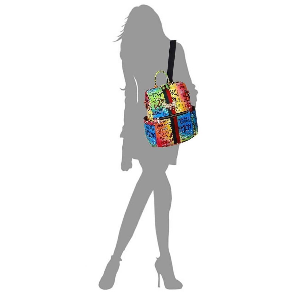 Women Bee Strip Accented Graffiti Fashion Multi Purpose Backpack - Picture 7 of 13